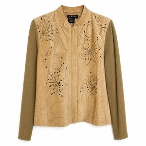 Ruby Cho Womens Tan Suede Laser Cut Floral Knit Sleeve Full Zip Jacket Size M